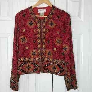 Adriana Papell Evening 1994 Vintage Silk Beaded Red And Gold Blazer Jacket Large
